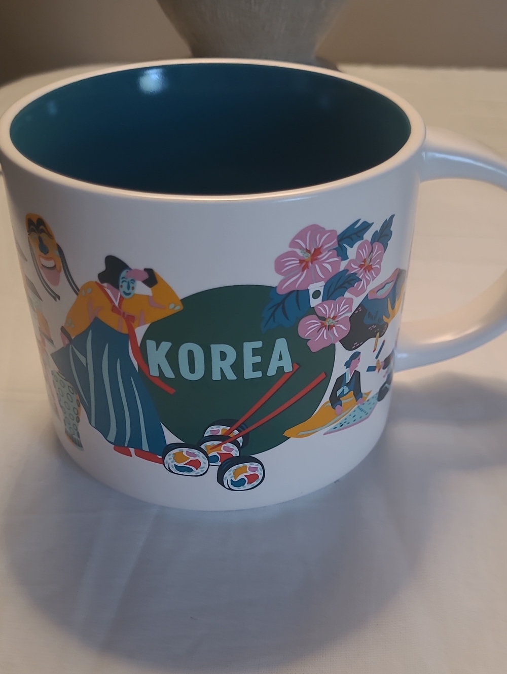Starbucks Korea Ceramic Travel Mug - White with Teal Interior